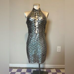 Metallic mermaid scale Halter mini Dress with lace up details